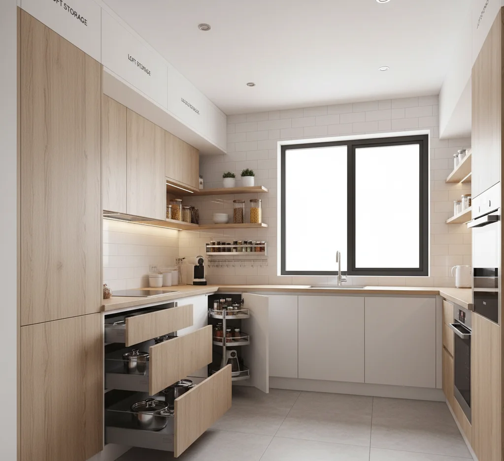 Small kitchen interior design with vertical cabinets, pull-out drawers, corner units, open shelves, and loft storage for maximum space efficiency in Coimbatore home