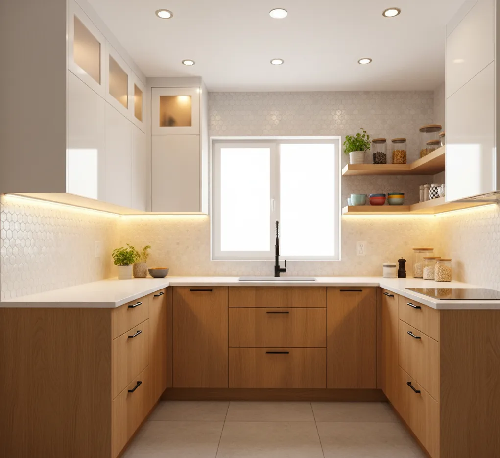 Modern small kitchen lighting design featuring under-cabinet lights, ceiling fixtures, spotlights, and warm ambient lighting for a cozy and bright cooking space in Coimbatore