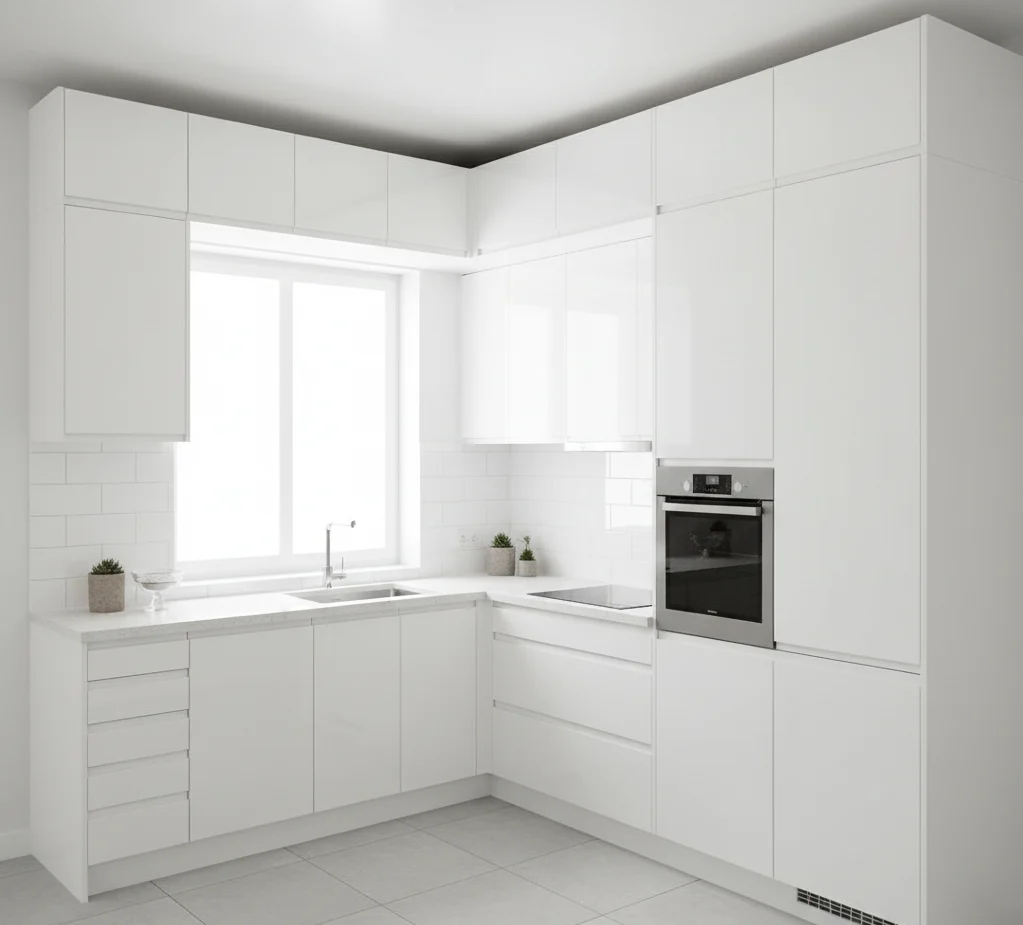 U-shaped small kitchen interior with maximum storage and modern cabinets in Coimbatore homes