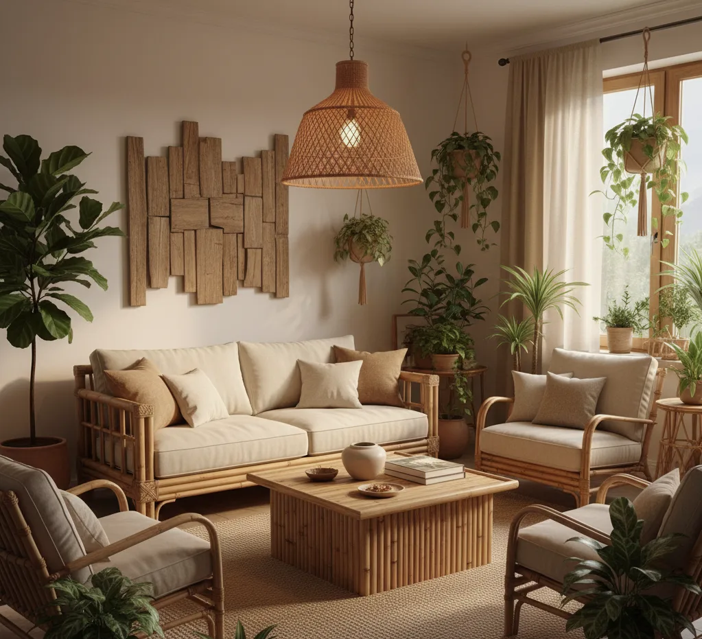 Eco-friendly living room furniture made from bamboo and reclaimed wood, surrounded by indoor plants and natural textures.