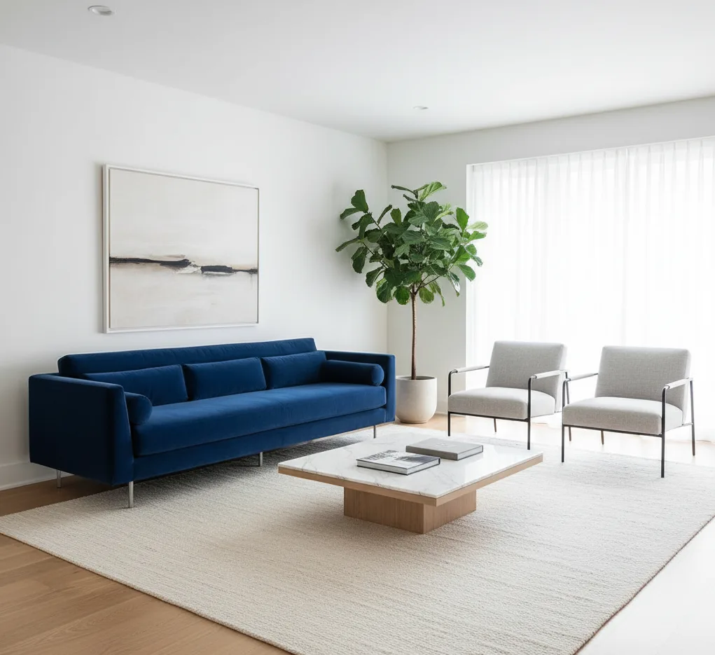 Minimalist modern living room furniture with clean lines, neutral tones, and a bold statement sofa for a clutter-free contemporary space