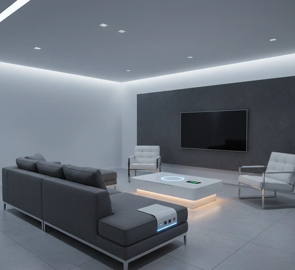 Space-saving modern living room with a sofa-cum-bed and foldable coffee table with hidden storage for compact luxury living